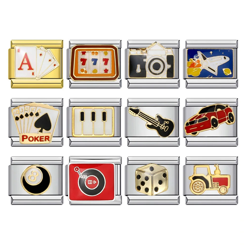 Gold Color Chess Card Game Machine Camera Guitar Charm Beads Italian Link Fit 9mm Stainless Steel Making DIY Fashion Bracelets