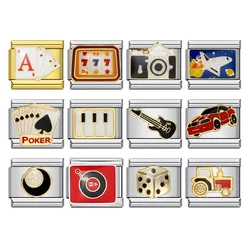 Gold Color Chess Card Game Machine Camera Guitar Charm Beads Italian Link Fit 9mm Stainless Steel Making DIY Fashion Bracelets