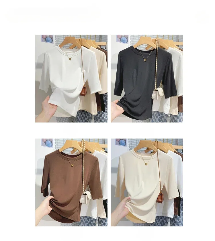 zjaiss 2026 Frühling Herbst Baumwolle Damen T-Shirt Modisches Basic Rundhals-Shirt Einfarbiges Damen Kurzarm-Oberteil – Detail 1