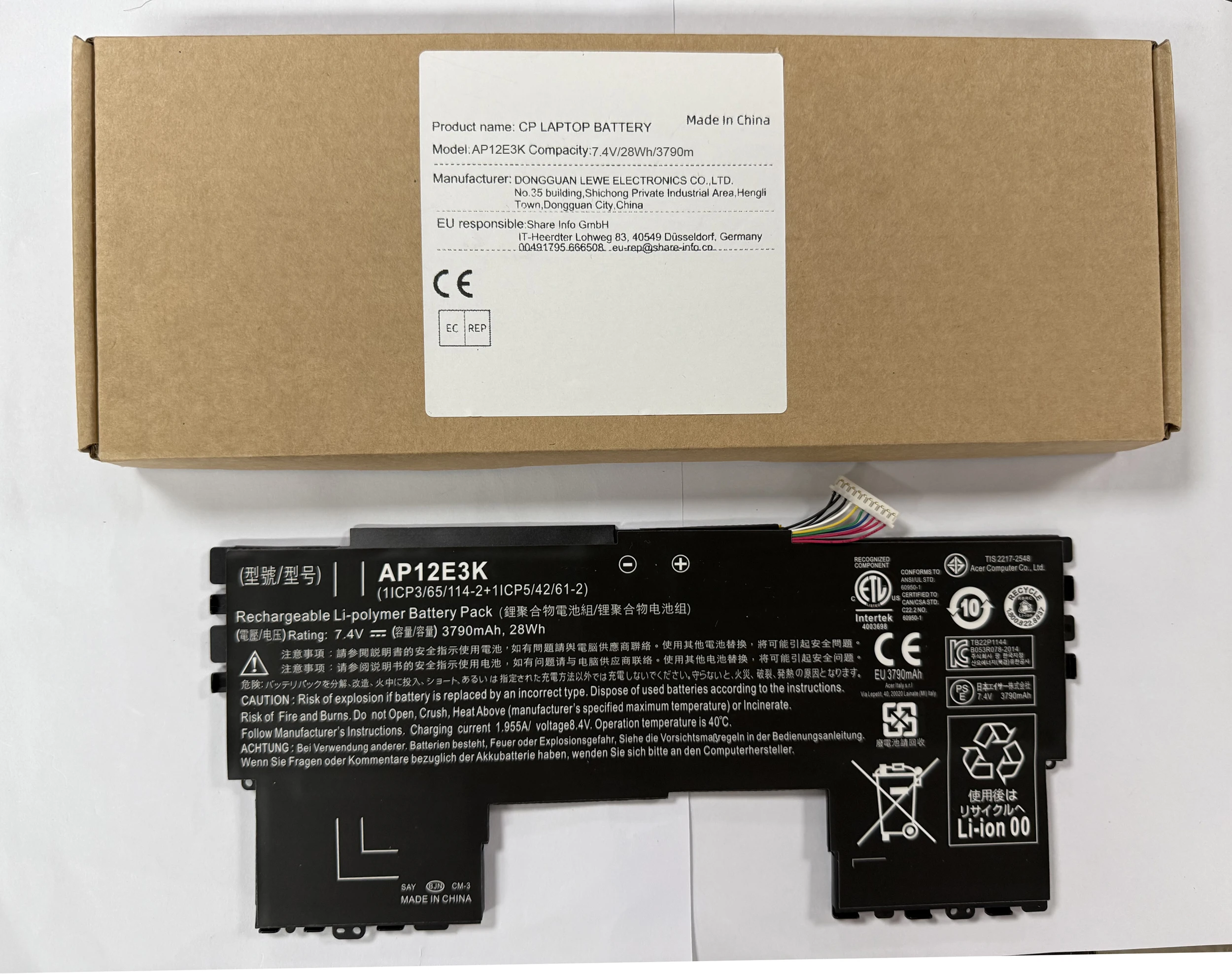 

Laptop Battery AP12E3K For Aspire S7 S7-191 Ultrabook 11" Series Notebook 7.4V/3790mAh/28WH