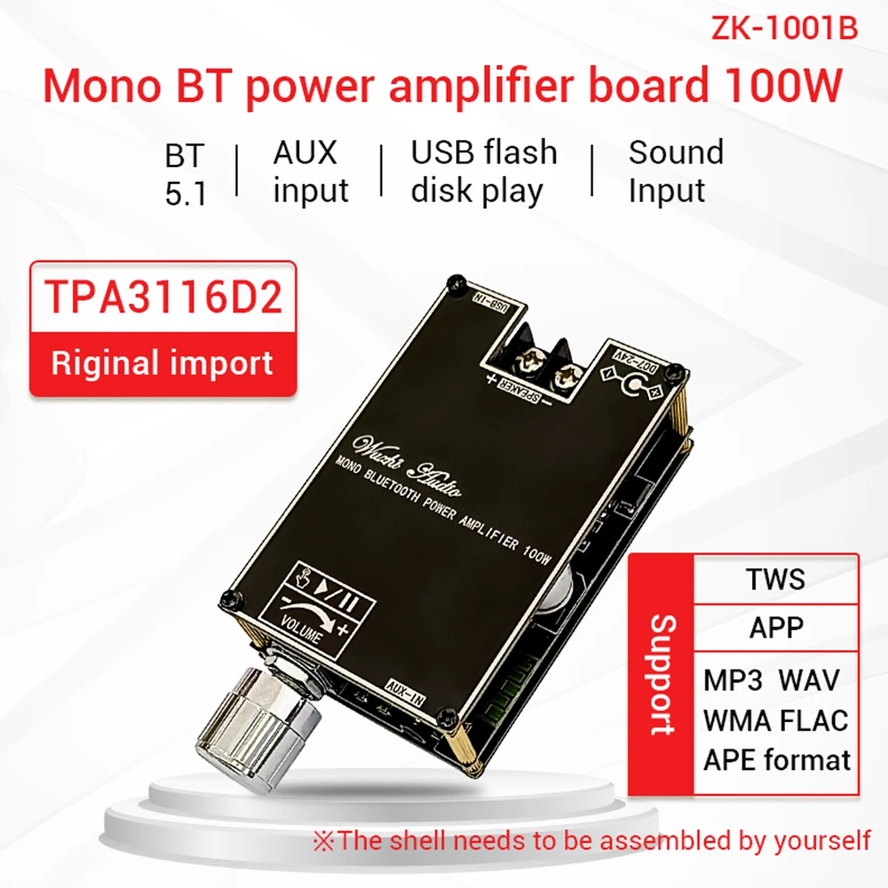 ZK-1001B Mono Bluetooth Amplifier Board with TPA316D2 Chip Wide Voltage Input 12-24V Peak Output Power 100W with TWS Pairing