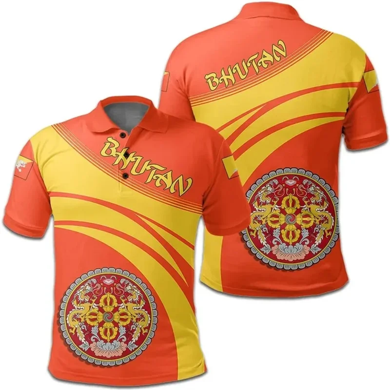 Bhutan Coat Of Arms 3D Print Polo Shirt Kingdom Of Bhutan Map Flag Graphic Polo T Shirt Fashion Casual Polo Shirts Mens Clothing