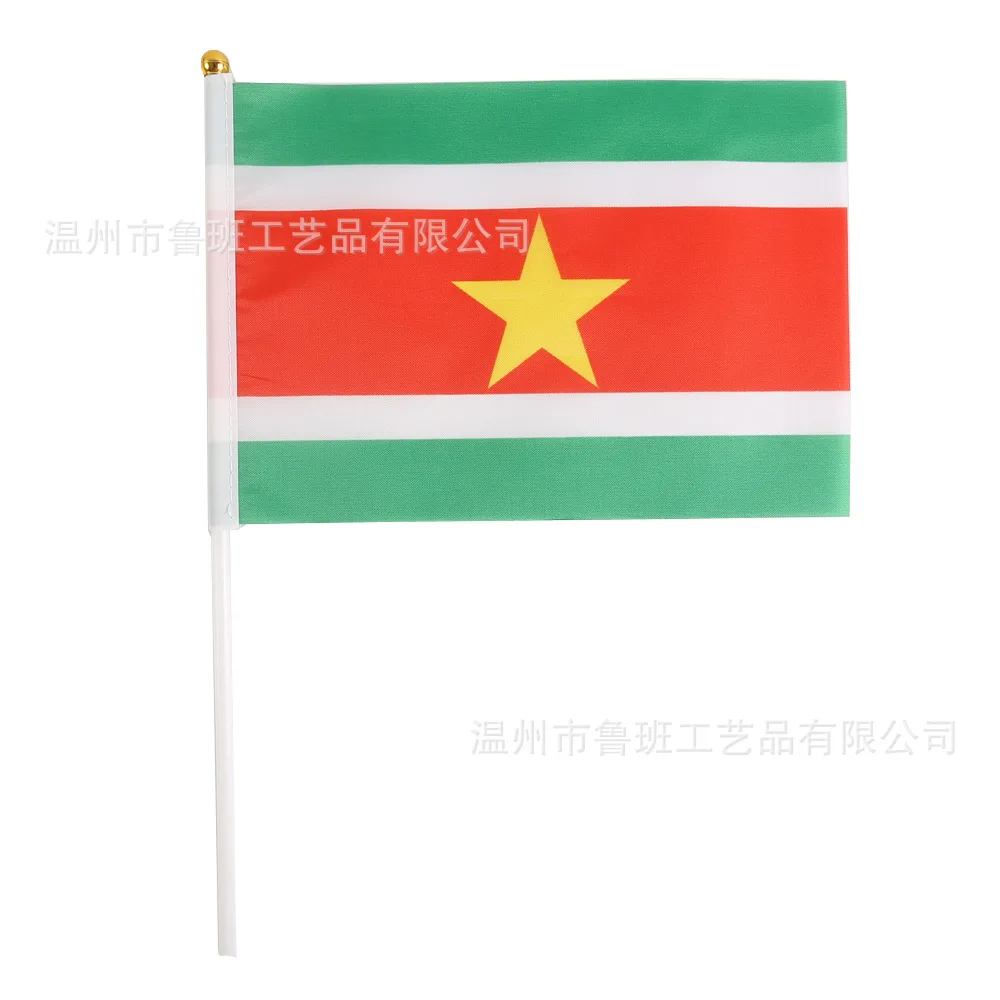 Suriname hand flag 14x21cm Polyester Fade-Resistance Suriname Hand Waving Flag with Plastic Flagpole for Events