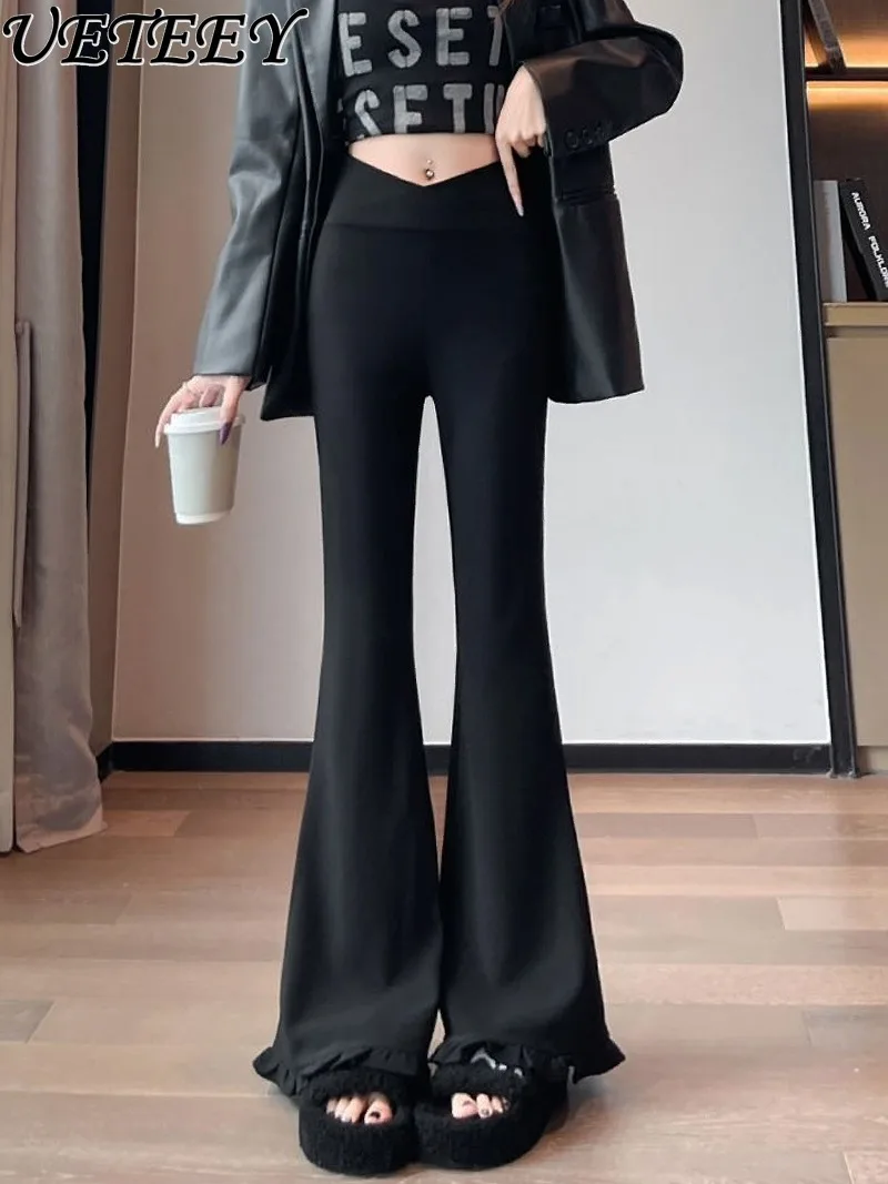 

Черные расклешенные брюки с высокой талией и рюшами по подолу для женщин, осенние эластичные повседневные элитные брюки длиной до пола