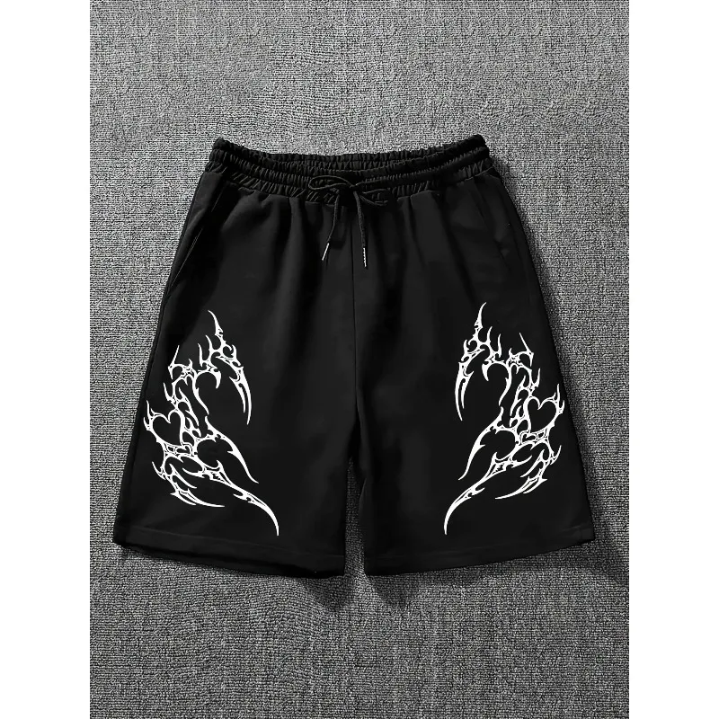 Punk dirty style dark tribal spiky print youth shorts, soft drawstring loose knee length pants, suitable for Emo Niche