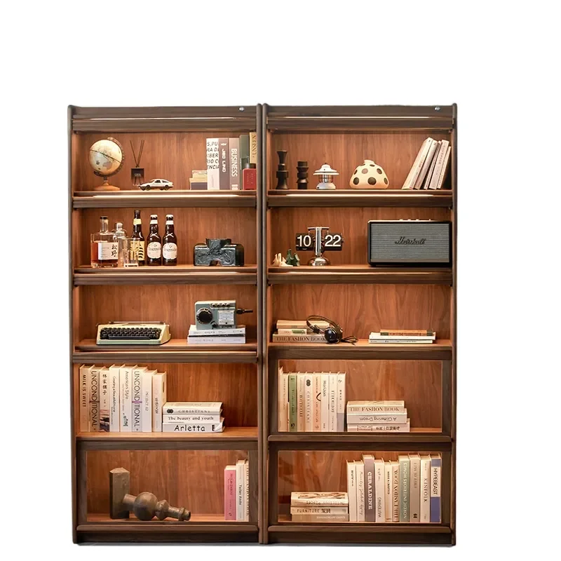 Furniture Black Walnut Solid Wood Bookcase Shelf Dust-proof Glass Flap Door Storage Lego Figure Display