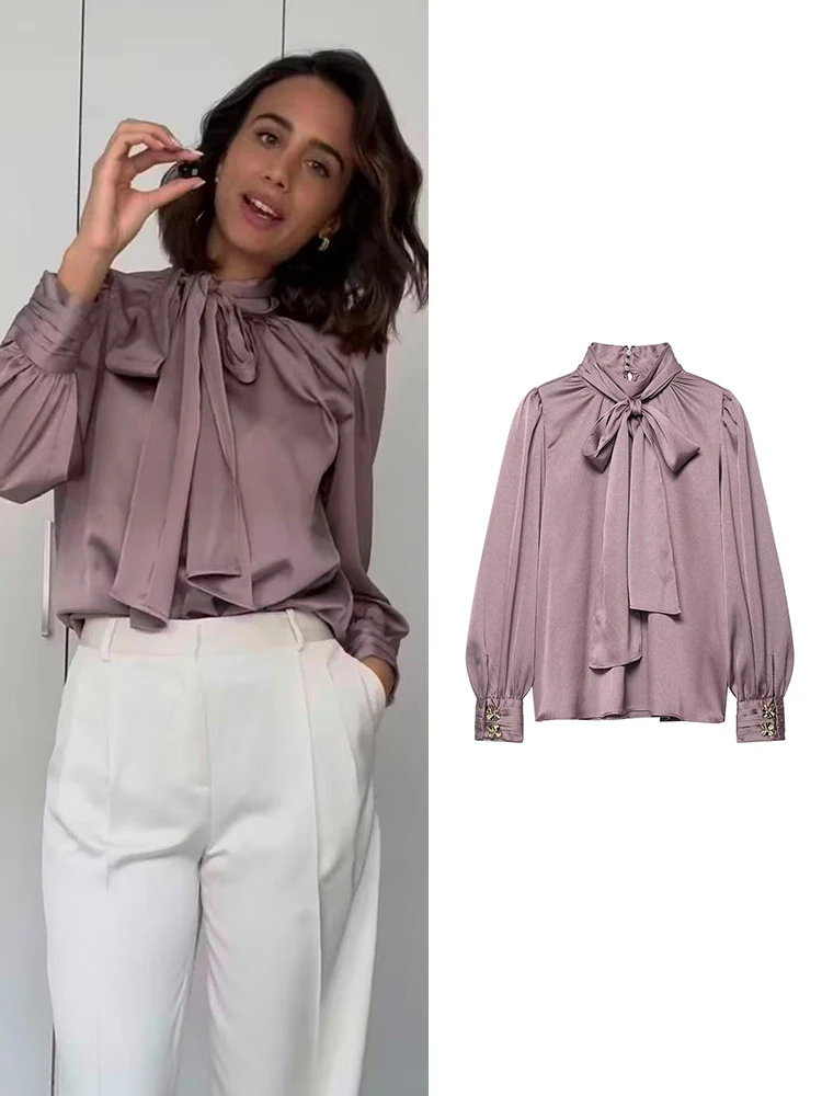 Elegant Office Lady Bow Solid Shirts Women Clothing Autumn New Long Sleeve Turtleneck Pullover Blouses Top Female Fashion