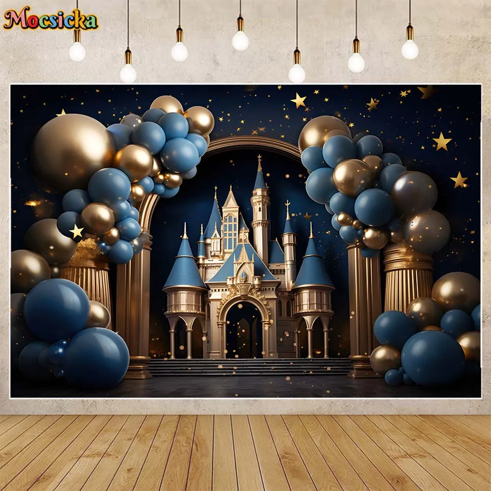 Mocsicka Children Background Blue and Golden Castle Balloons Baby 1st Birthday Party Decor Backdrop Cake Smash Photography Props