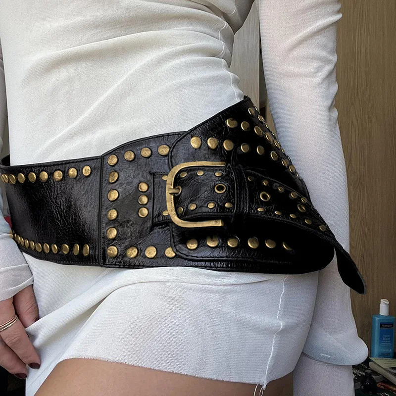 Cinturón Punk Ultra ancho para mujer, faja elástica delgada, moldeadora de cuerpo, cuero de imitación negro y marrón, cinturón de cintura Retro con remaches, faja para camisa y vestido