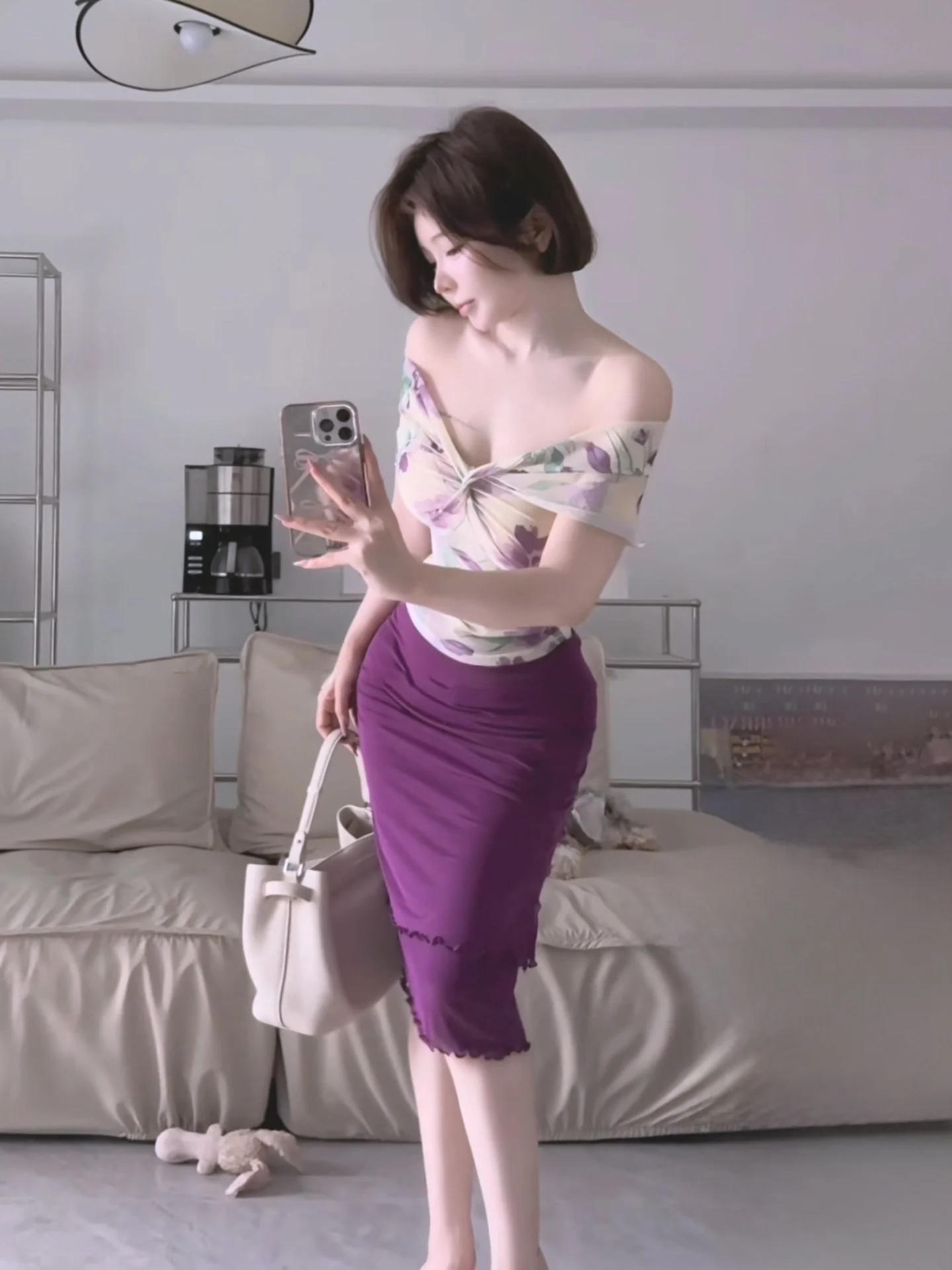 

Elegant Summer Women's Outfit Purple Floral One-Shoulder Top And High-Waisted Skirt Two-Piece Set Breathable Short Sleeve