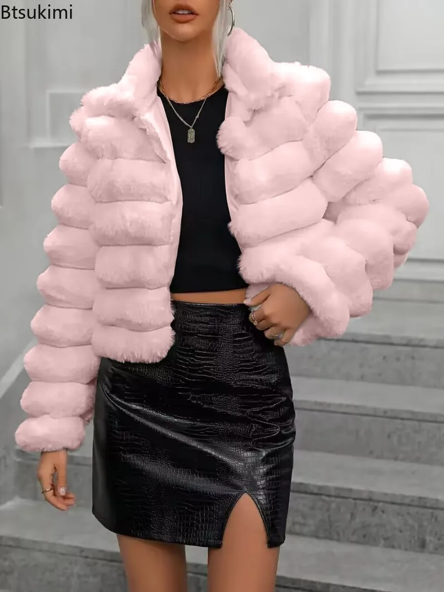 2025 New Autumn Winter Women Faux Fur Jacket Solid Color Stand Collar Faux Fur Short Coat Fashion Luxury Coat Female Streetwear