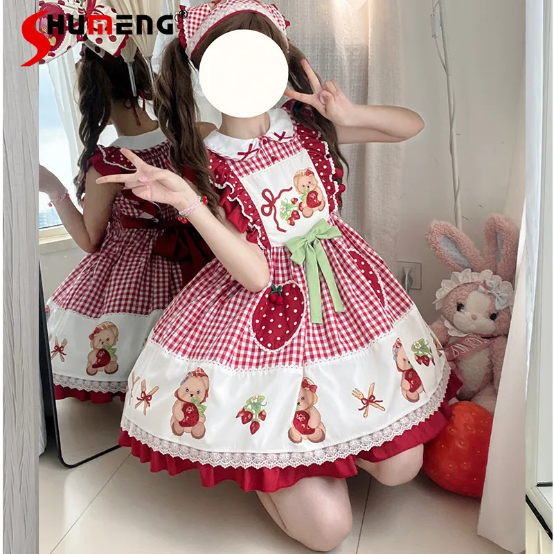 

Original Japanese Style Cute Sweet Girl Doll Collar Bow Flying Sleeves High Waist Cartoon Print Plaid Lolita Short Dress Women