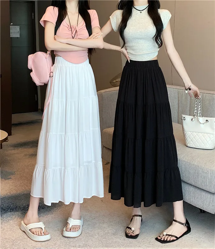 L - 4XL Plus Size Skirt For Women 2025 Summer New Arrival High Elastic Waist A Line Pleated Skirt Women Korean Fashion Skirt