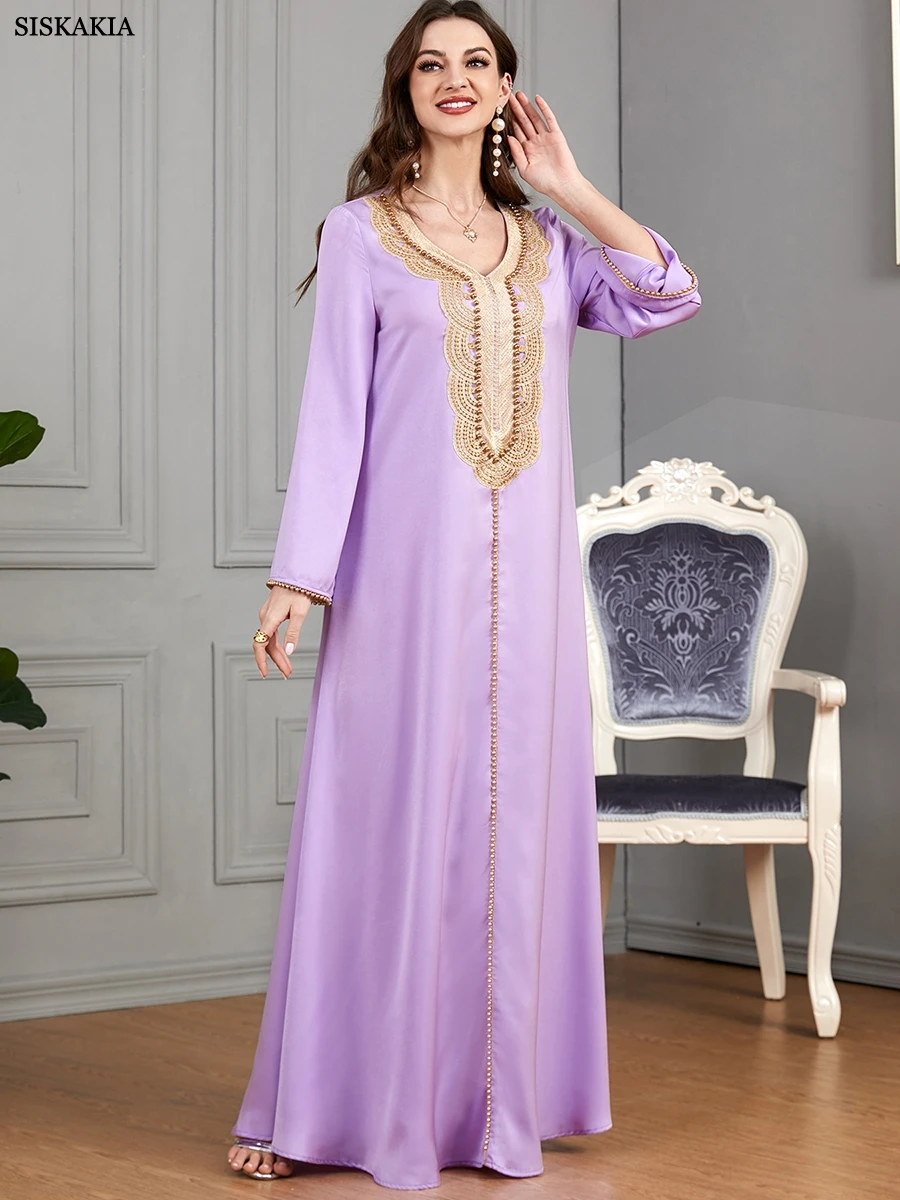 Siskakia donna Galabiyat moda solido perline manica intera scollo a v elegante Casual musulmano marocchino femminile abito lungo