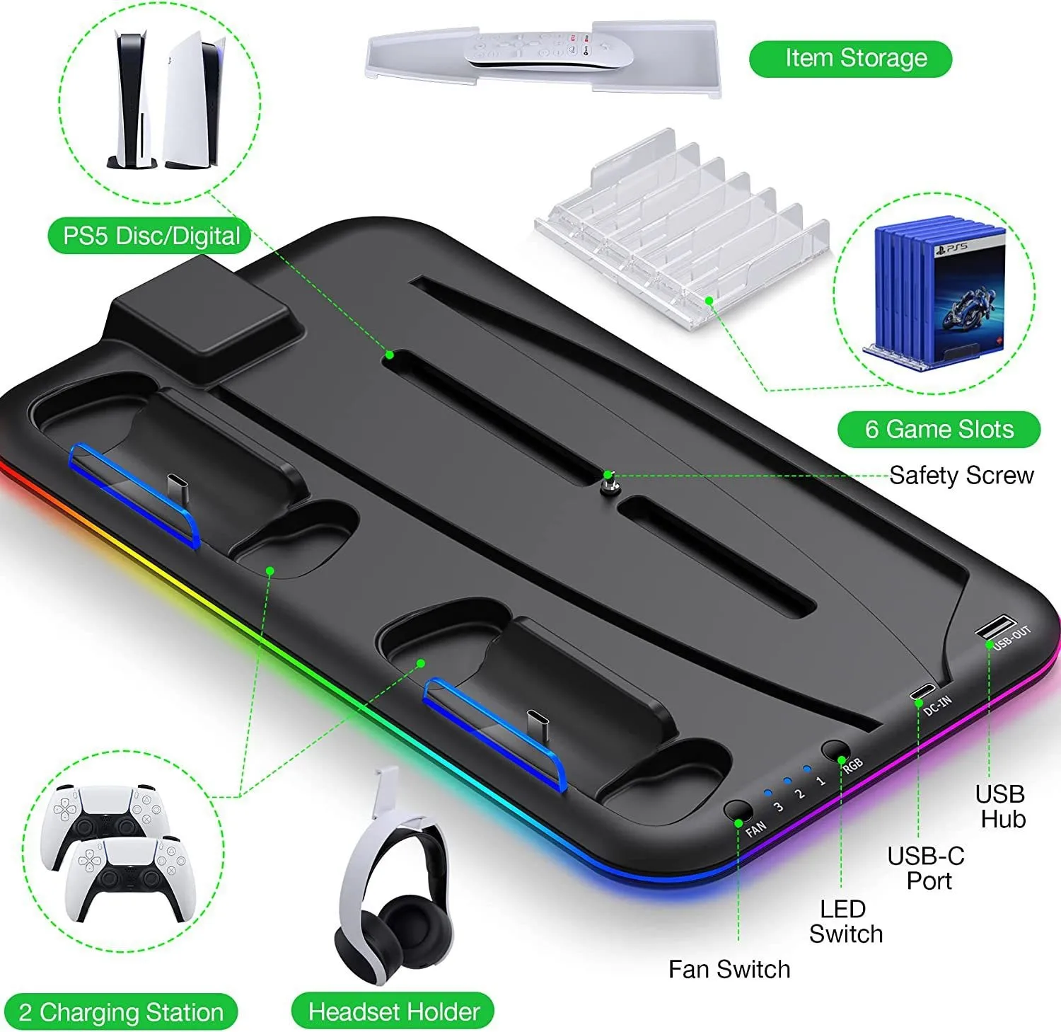 Imagem -06 - Stand Cooling Station com Rgb Light Carregador Controlador Duplo Playstation Acessórios do Jogo