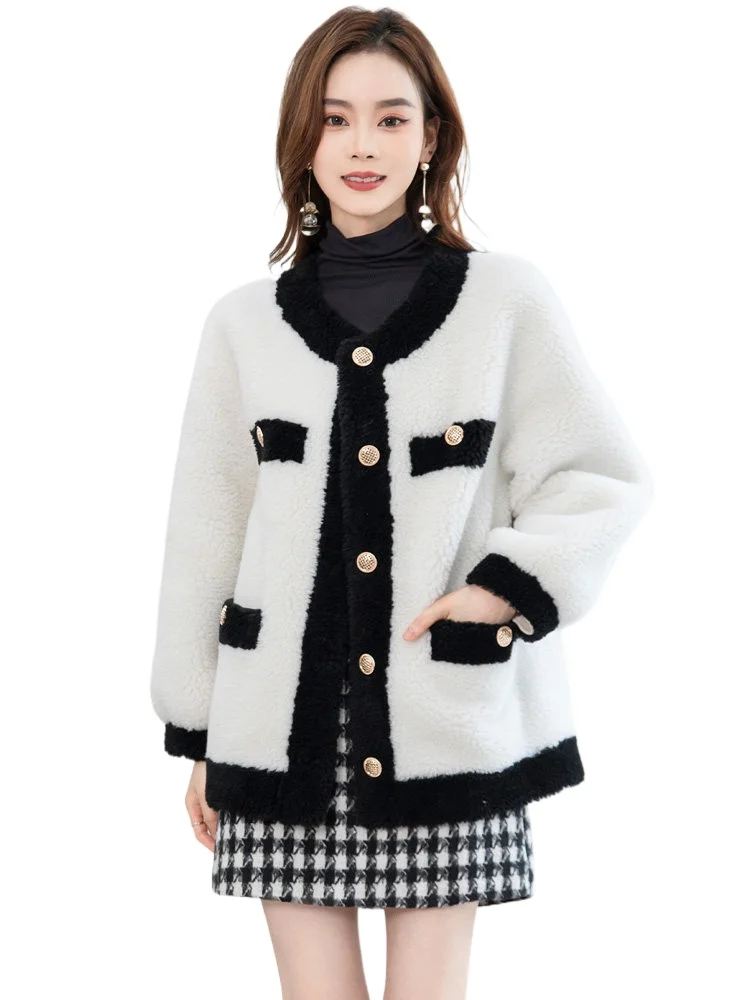 Off-season welfare 2022 real wool small celebrity small fragrant lamb fur coat women's medium and long round neck
