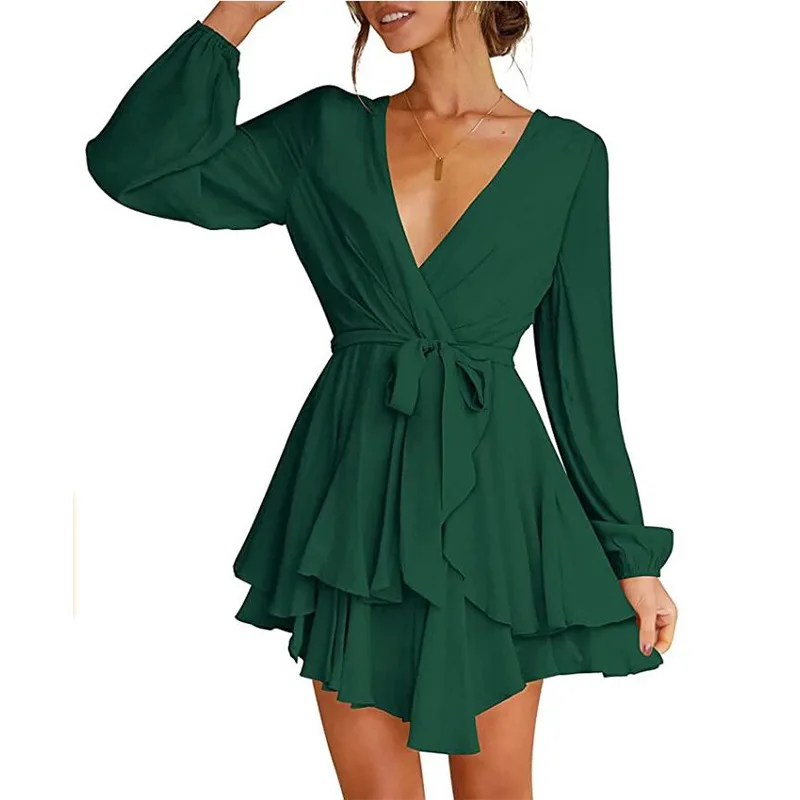 

2022 Fashion New Women's Autumn and Winter Sexy V-neck Ruffles Tie-up Long-sleeved Solid Color Dress Casual A-line Mini Skirt