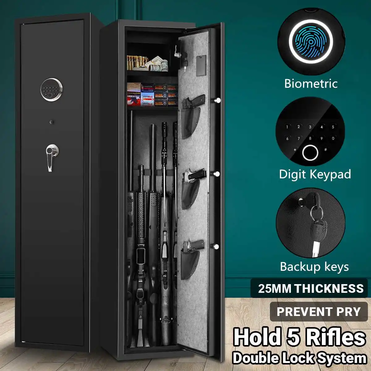 5-Gun Large Rifle Safe Pistol Safe Box Fingerprint Security Cabinet With Pistol Lock Box For Rifle Shotgun Firearms Hidden Safe