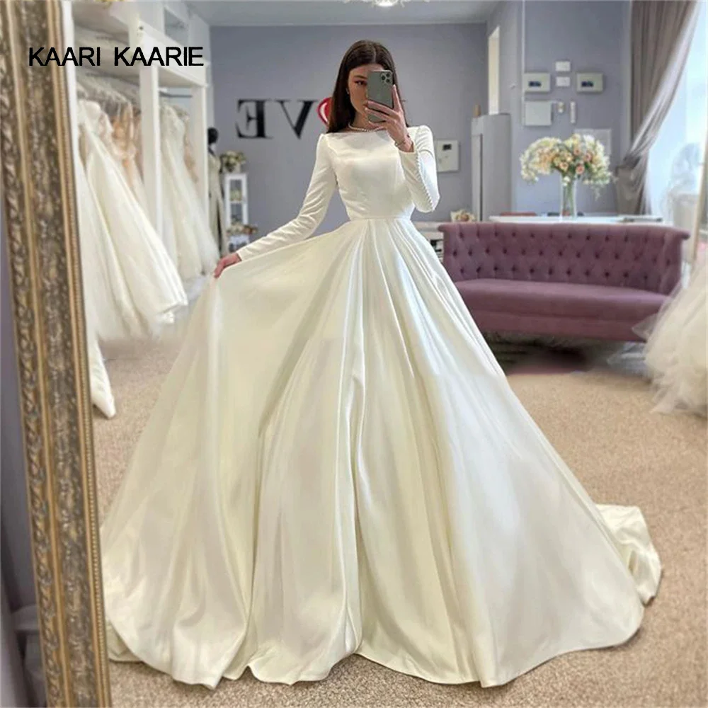 KAARI kaie-vestido de novia de satén de lujo, vestido de novia de manga larga con tren real, precioso vestido blanco con cordones y cuentas de cristal, Scoop