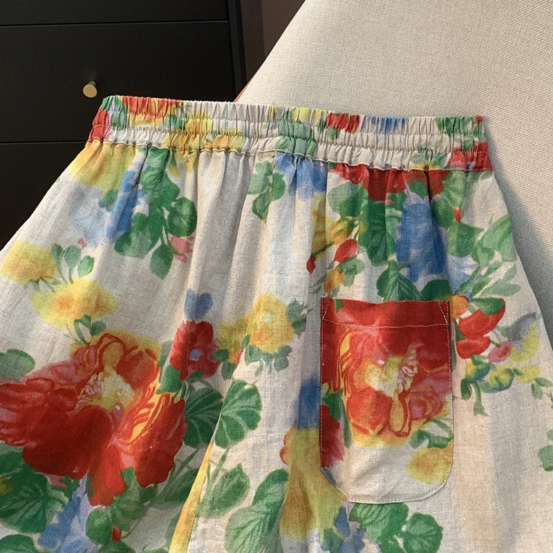 Pantaloni casual in lino di cotone da donna retrò Sle Pantaloni sottili ad arco con stampa a coltello a vita alta di nuovo modello per l'uso quotidiano
