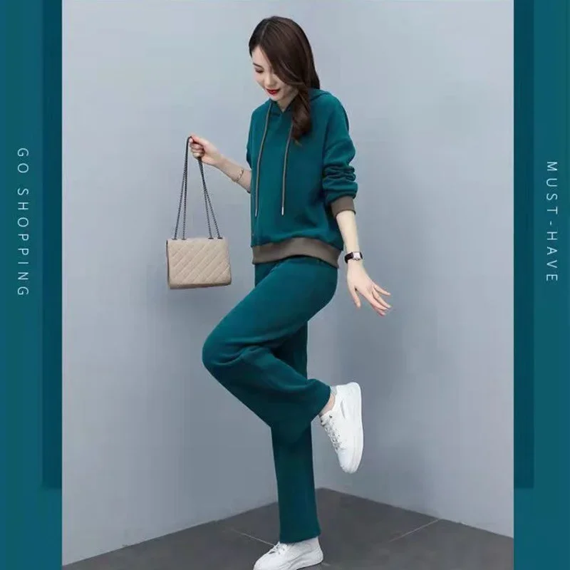 女性のカジュアルスポーツスーツ,ルーズフード付きセーターとワイドレッグパンツ,韓国ファッション,ラージサイズ,春,秋,新しい,2020, 2個セット