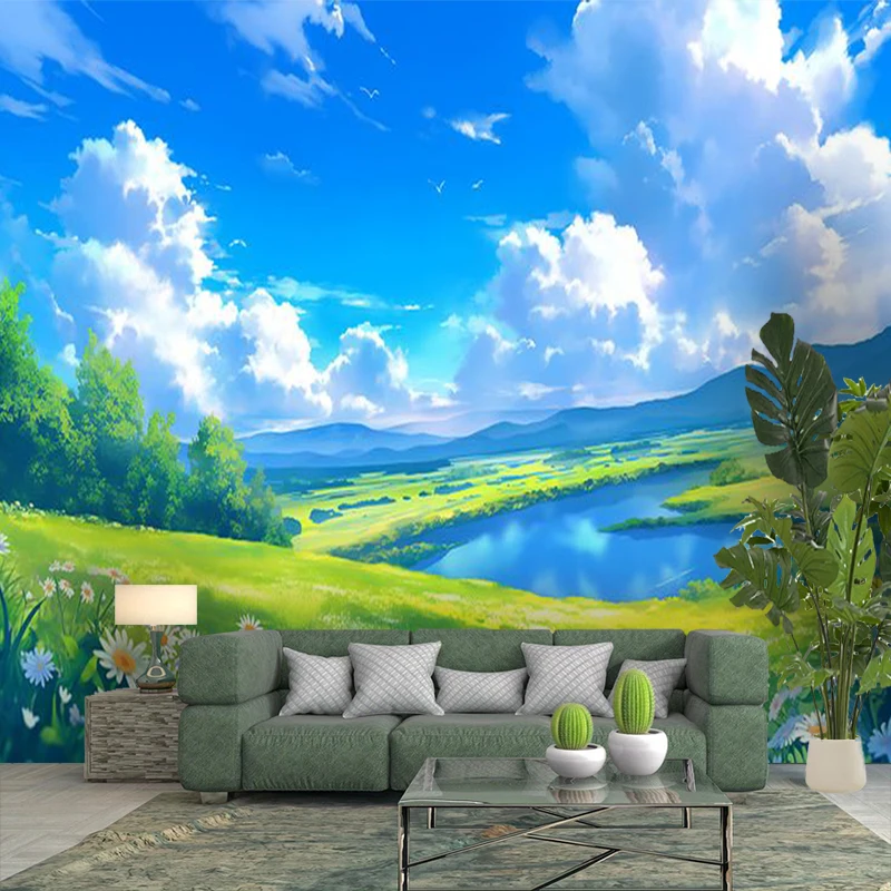 1PC Field River Anime Scenery View Print Backdrop Banner, Bedroom Living Room Photo Background, Polyester, Home Decor, Wall Art
