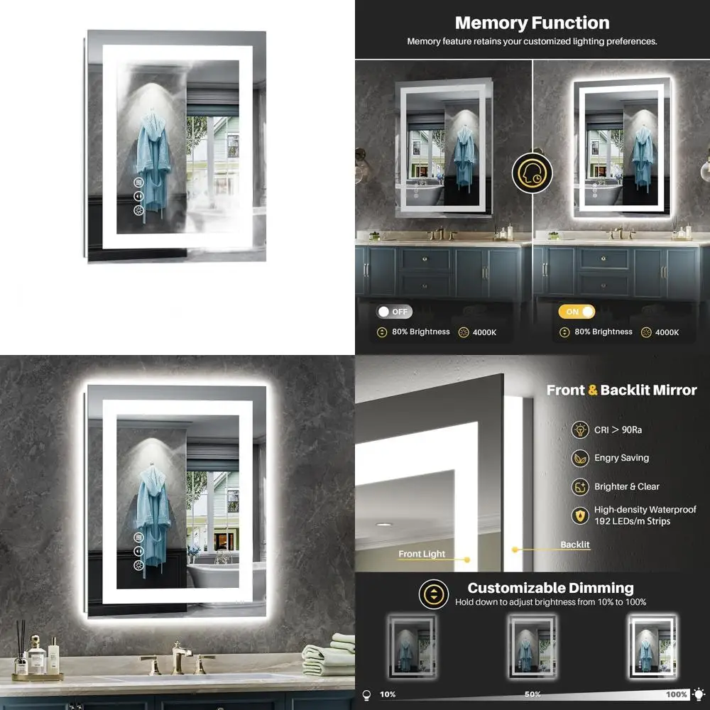 

Зеркало для ванной комнаты со светодиодной подсветкой 20x28 дюймов, противотуманное, с регулируемой яркостью, настенное зеркало из закаленного стекла с функцией памяти