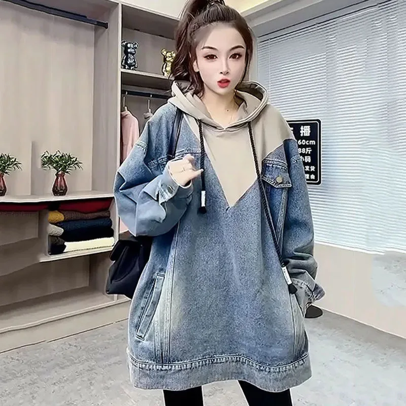 Oversized Female Hooded Denim Coat Spliced Pullover Hoodie Spring Autumn Loose Casual Long Motorcycle Jacket Fashion Womens Wear