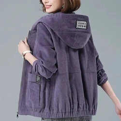 Corduroy Short Coat Women's 2024 Spring Autumn New Korean Loose Solid Hooded Jacket Fashion Casual Female Zipper Coat Tops