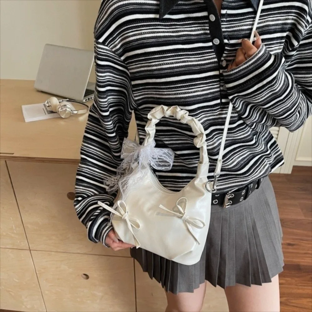 

Fashion Cloud Evening Handbag Pleated Lace Ribbon Bow PU Shoulder Bag Beige Korean Style Underarm Bag School
