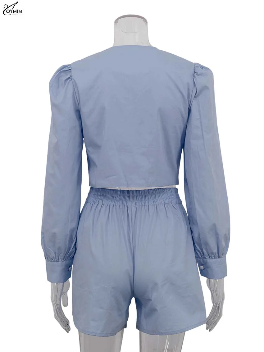 Oymimi Fashion Blue Cotton Women's Two Pieces Set Elegant O-Neck Long Sleeve Button Crop Shirts And High Waist Simple Shorts Set