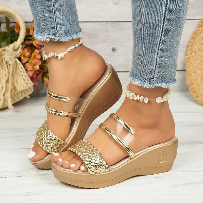 

Women Wedges Slippers Summer Chunky Golden Round Head Women Platform Sandals Thick Sole Beach Slides Women Shoes Size 36-43