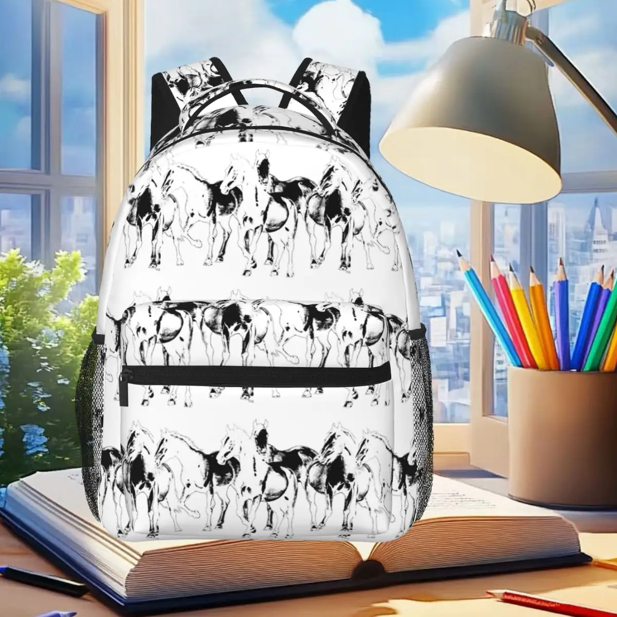 Black And White Ink Wash Style Printing Of Galloping Horses Backpack Student Boys Girls BookBag School Bag Laptop Shoulder Bags