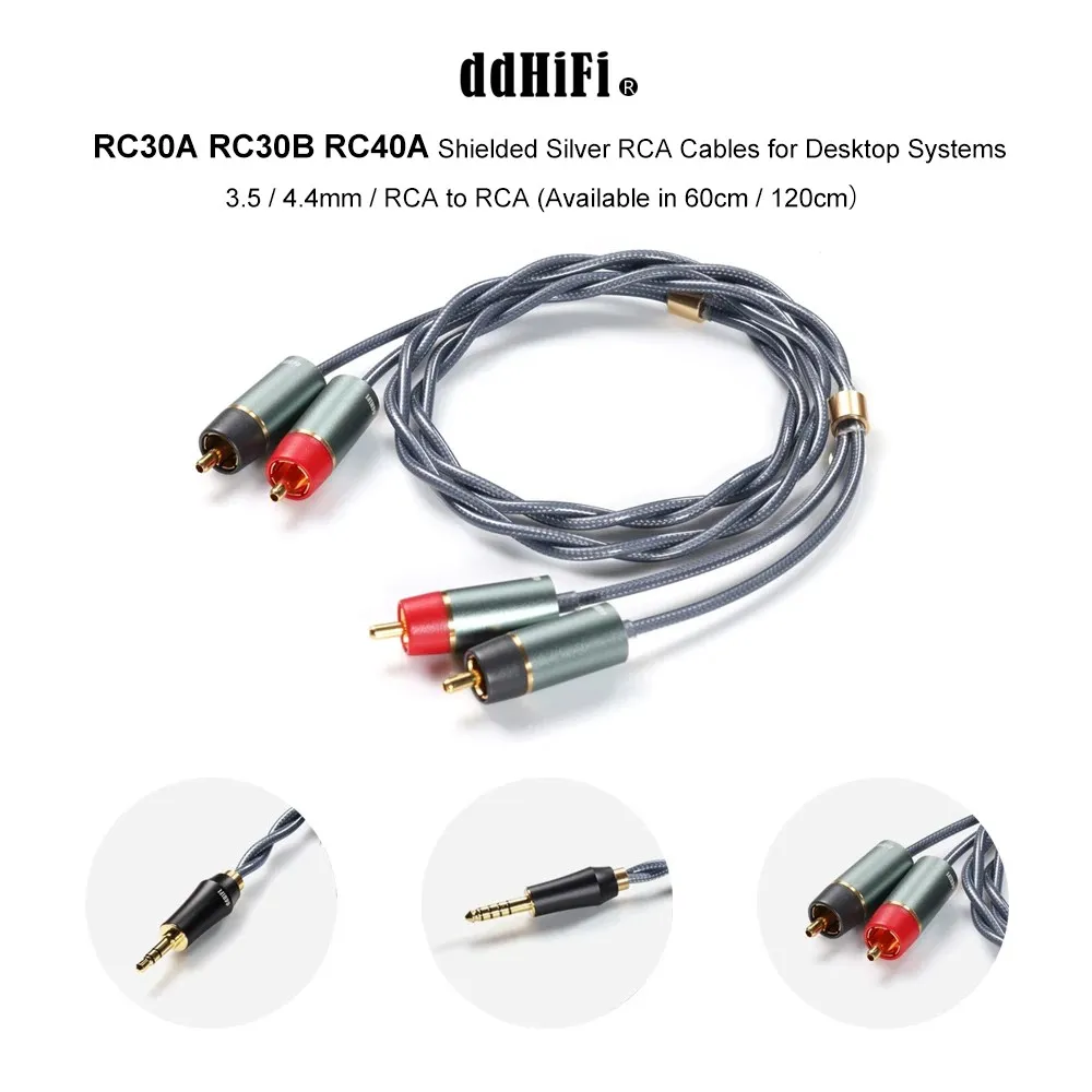 DDHiFi RC30A RC30B RC40A Shielded Silver RCA Cables for Desktop Systems, 3.5 / 4.4mm / RCA to RCA (Available in 60cm / 120cm）