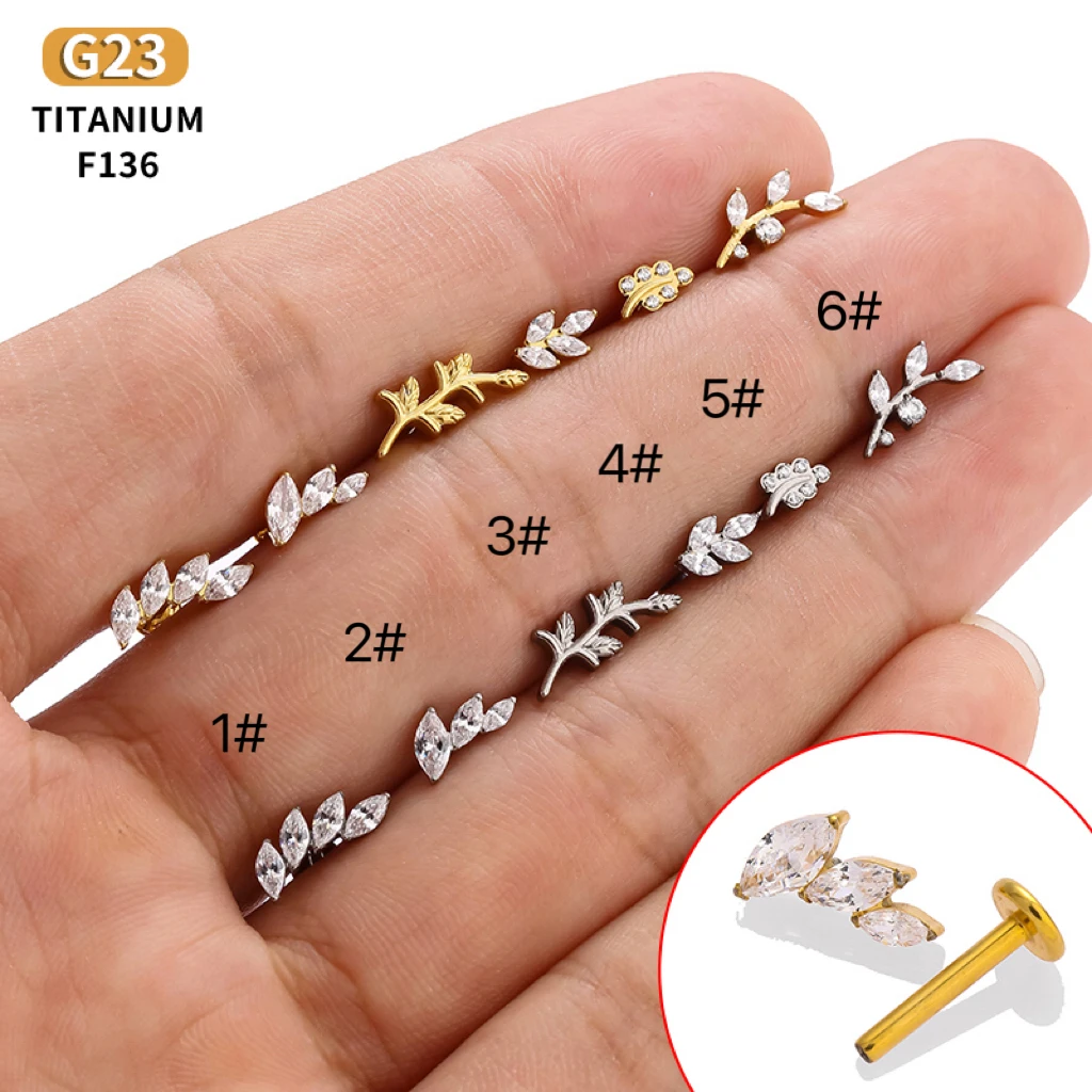 1PC G23 Titanium Leaf Labret CZ Mirco Paved Internally thread Lip Piercing F136 Ear Cartilage Helix Tragus Stud Body Piercing