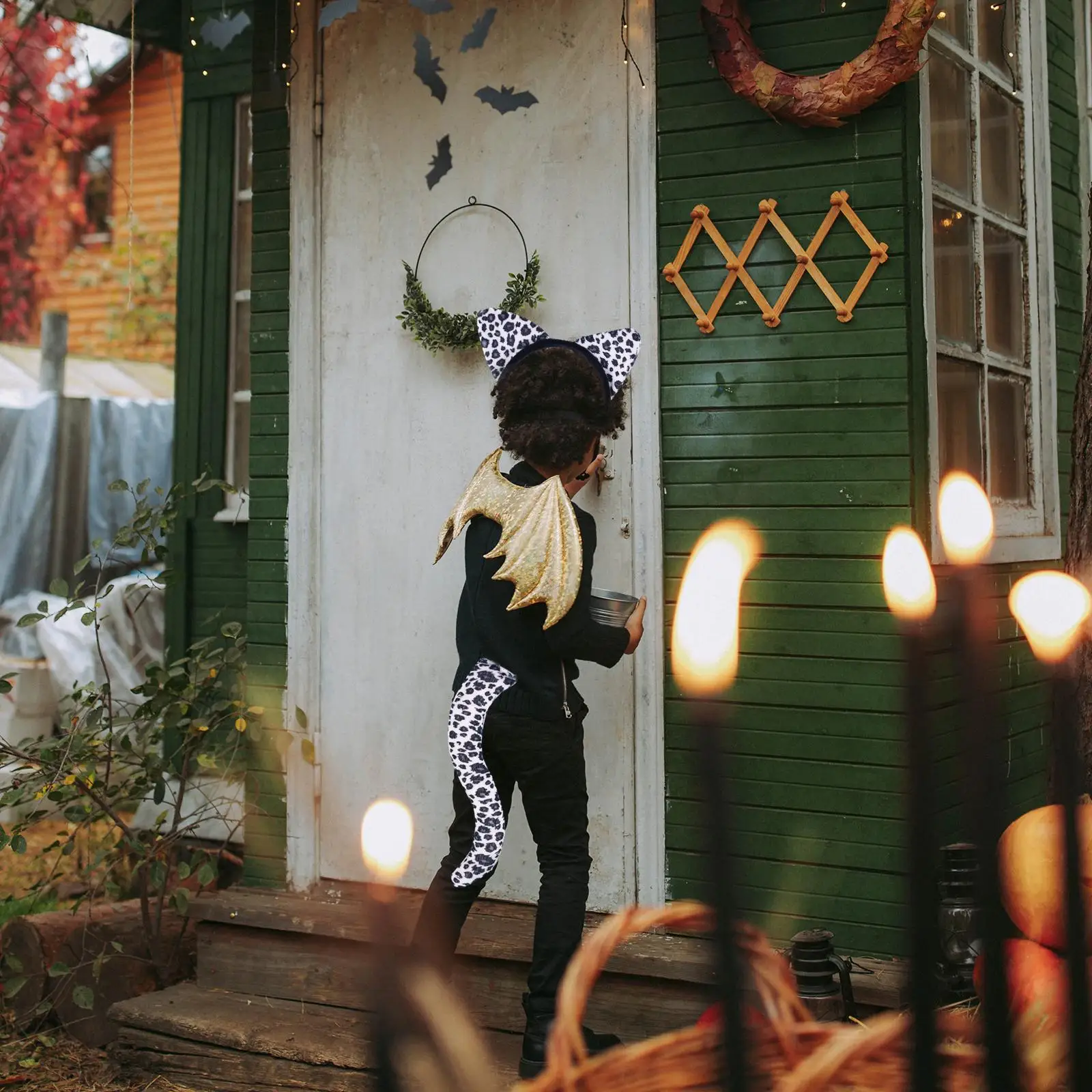 Schwarze Leopardenohren und lange Schwanzkinder für Bühnenaufführungen, Halloween-Abschlussball