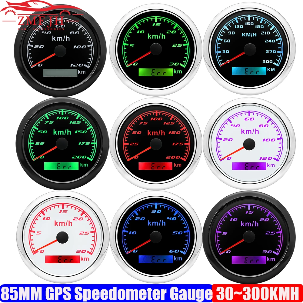 30KMH,60KMH,120KMH,200KMH,300KMH 85mm GPS Speedometer Gauge with Antenna 7Color LED Speed Meter for Car Boat Yacht 12V24V Custom