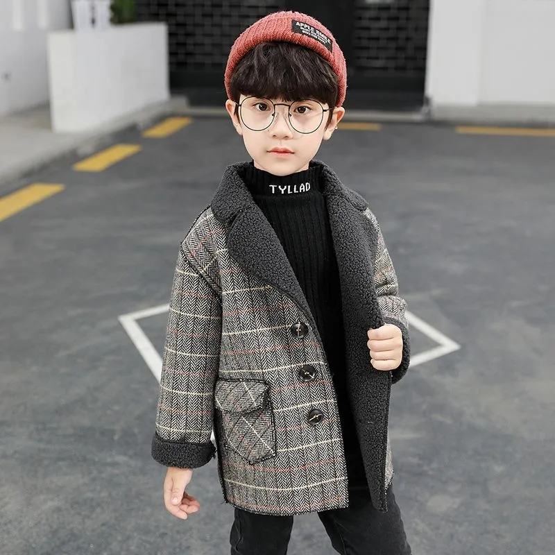 

Осень-зима 202, новое шерстяное пальто на флисовой подкладке для мальчиков, утепленная зимняя одежда для маленьких мальчиков, стильный теплый дизайн