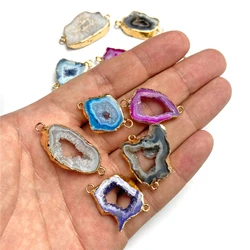 3Pcs/Lot Natural Irrgular Druzy Double Holes Connectors Pendant Gold Color Plated Agates Charms for Jewelry Making Accessories
