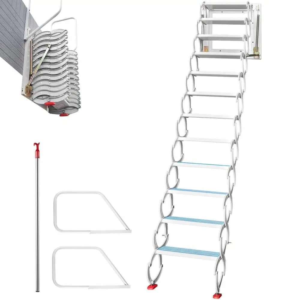 

Retractable Pull Down Stairs Folding Ladder White Wall Mounted 12 Step Access Ladder with Armrests Suitable for 98 Inch Height