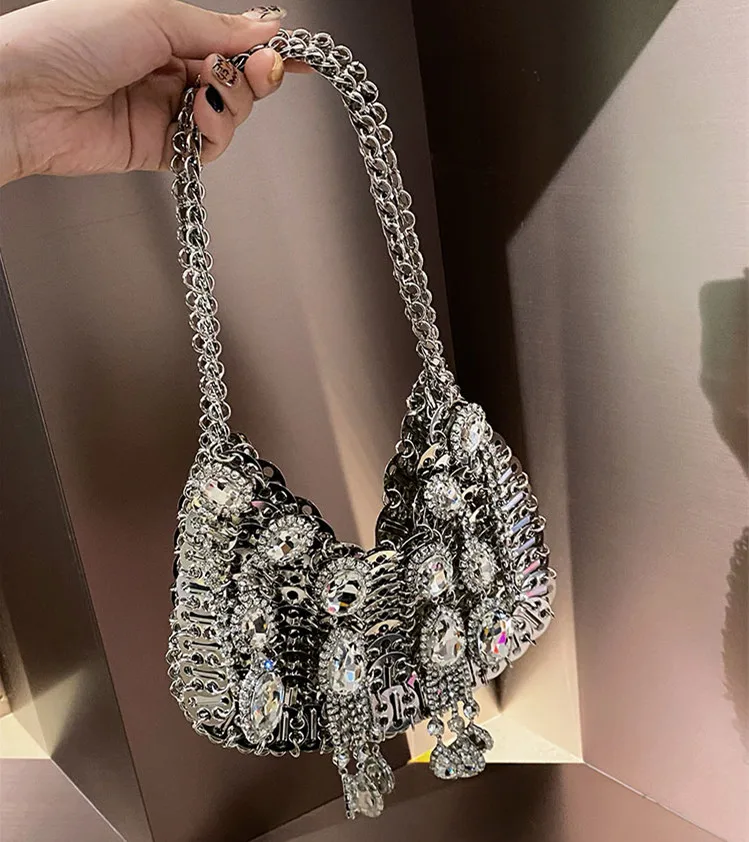 Women Diamond Bags Designer Silver Metal Sequins Chain Woven Bag Hollow Evening Bags Clutch Travel Holiday Shoulder Bag Handbag