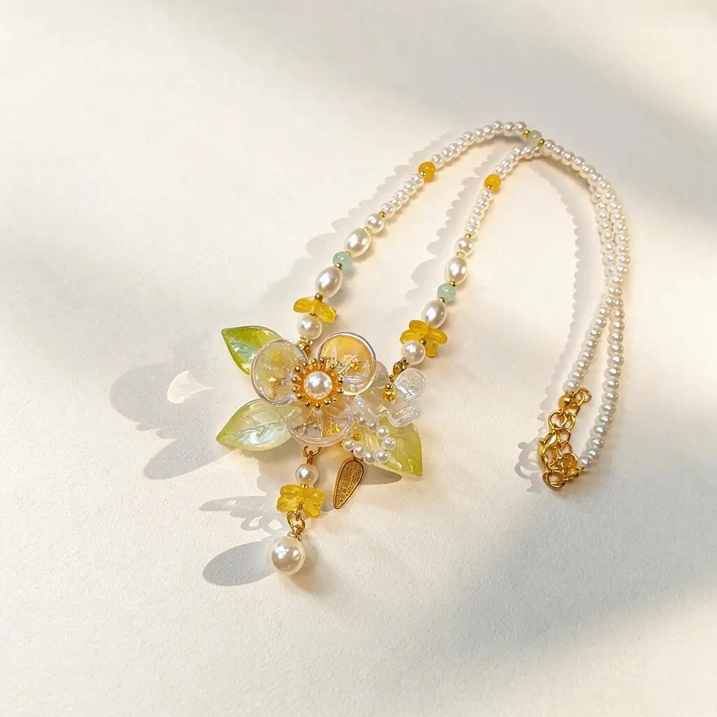 Chinese Hanfu Style Yellow Glazed Floral Faux Pearl Beaded Necklace Fresh Autumn Jewelry For Girls Daily Wear Party Photo Shoots