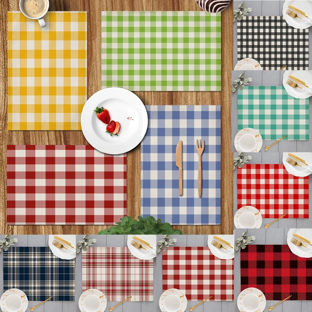 Blue/Yellow/Green White Small Plaid Placemats Linen Table Mat Fresh Style Modern Decor Kitchen Dining Room Grid Cup Pads Coaster