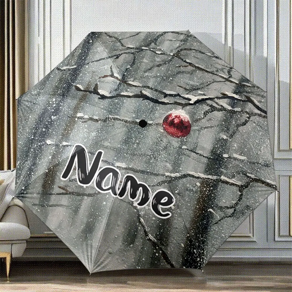 Custom Name Umbrella Winter Forest Scene with Red Ornament, Snowy Branch Decor Portable Folding Umbrella,Christmas Gift