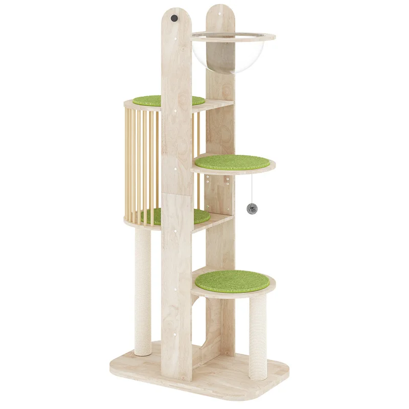 Solid wood multi-layer cat tree with transparent hammock and cat scratching column, luxury wooden cat tower