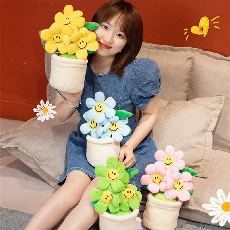 30cm Sunflower Flowerpot Plush Home Decor Photo Prop Stuffed Soft Plant Colorful Smiling Flower Funny Gift For Kids Friends