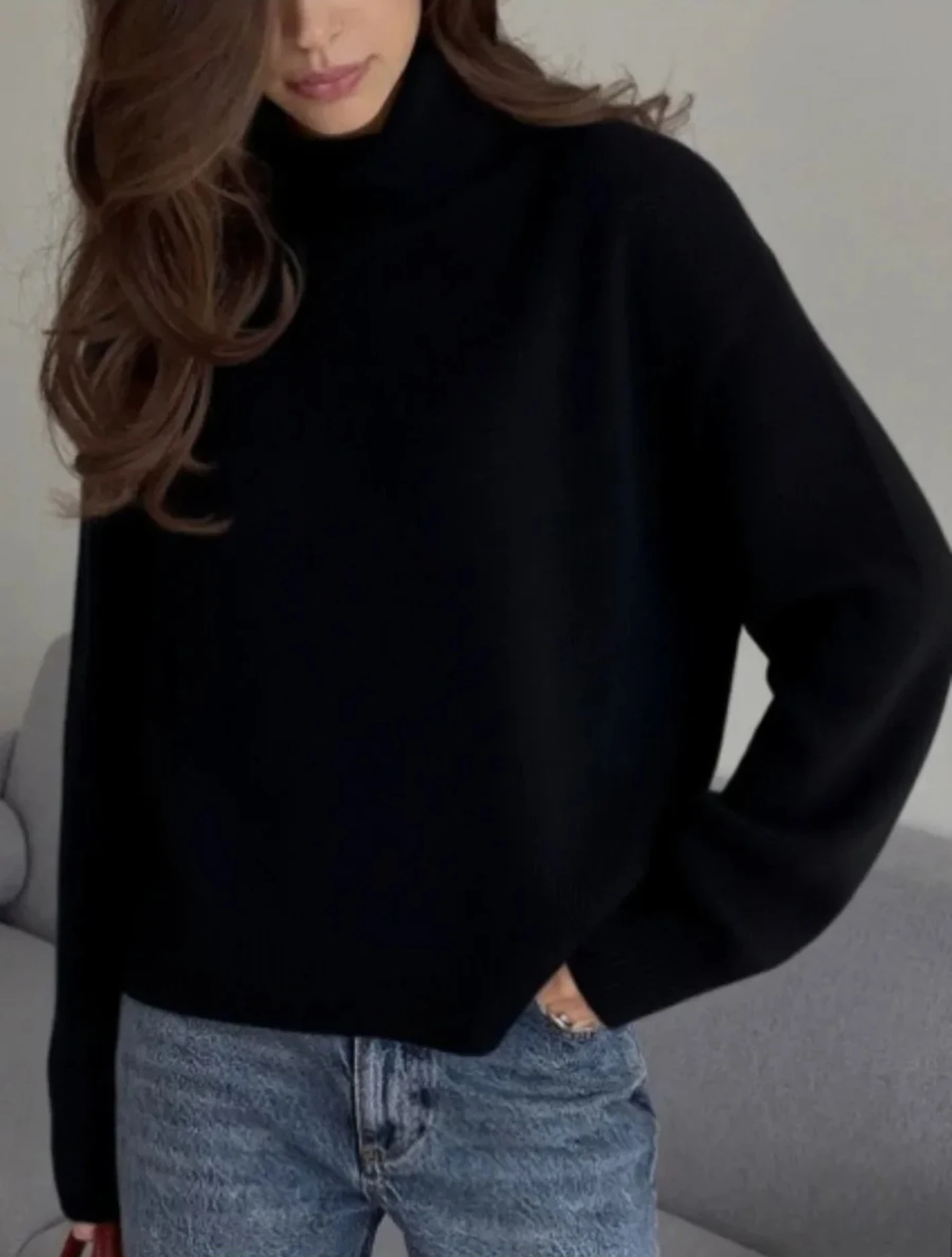 Loose Fit Warm Knit Fashion Casual Jumpers Autumn Winter Solid Color Comfortable Short Turtleneck Sweater