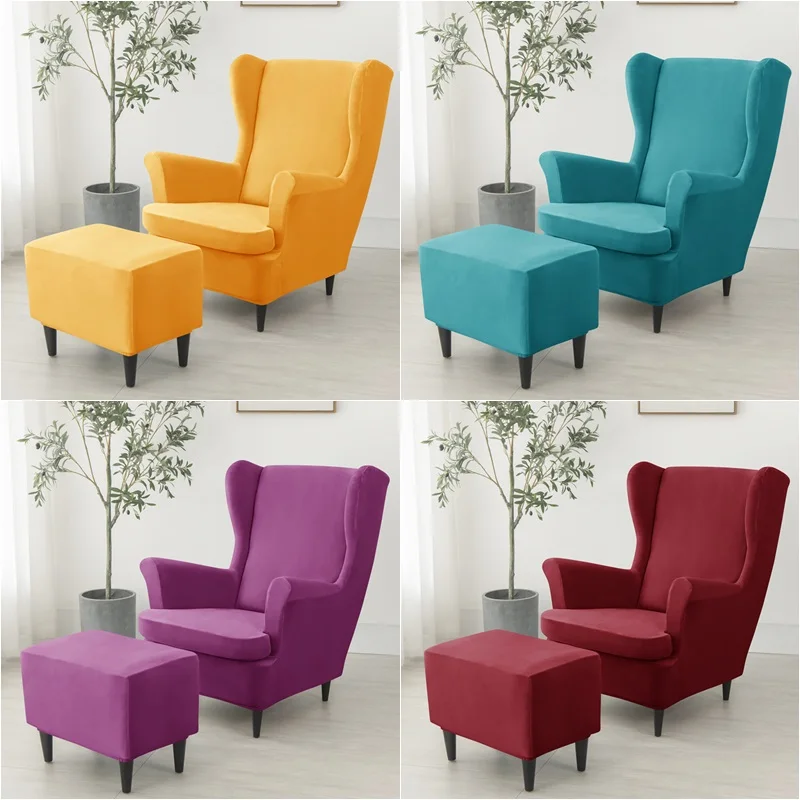 Classic Soft Velvet Wing Chair Cover Elastic Wingback Sofa Covers Soild Color Armchair Slipcovers with Seat Cushion Slipcover