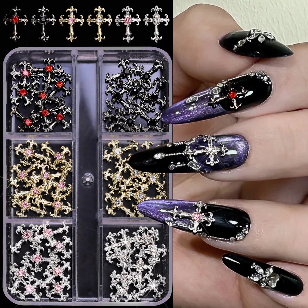 48Pcs Y2K Shiny Vintage Cross Nail Art Charms With Rhinestones Metal Punk Black Silver Gold y2k Premium Nail Cross Gothic Decor