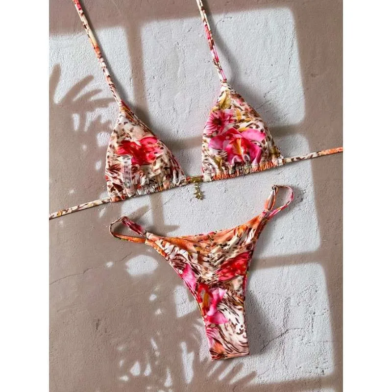 بيكيني نسائي عصري مثير لعام 2025-طباعة الفهد الأزهار كتلة الألوان ربط من قطعتين ملابس سباحة منقسمة لقضاء عطلة الشاطئ وحفلات حمام السباحة